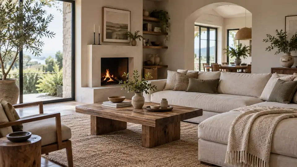 Conceptual photograph of a bright living room with a sofa, wood table, and plants